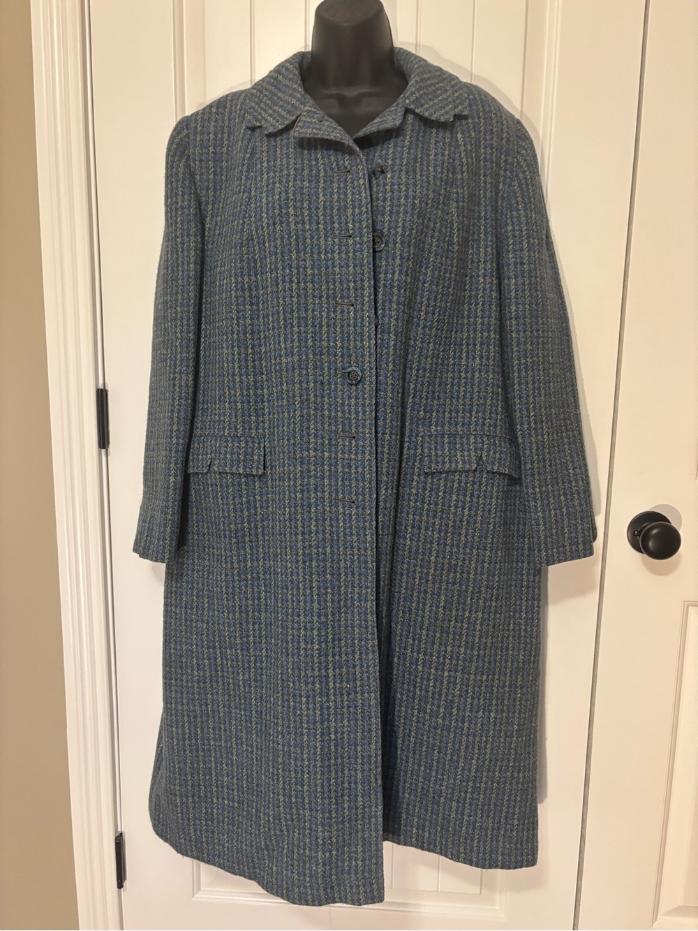 Vintage Harris Tweed Tar-Shire Blue Green Scottish Wool Long Coat |